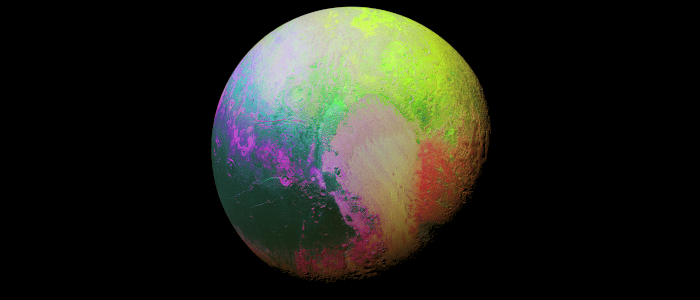 Pluto in psychedelic colors to show reddish brown tonal variation